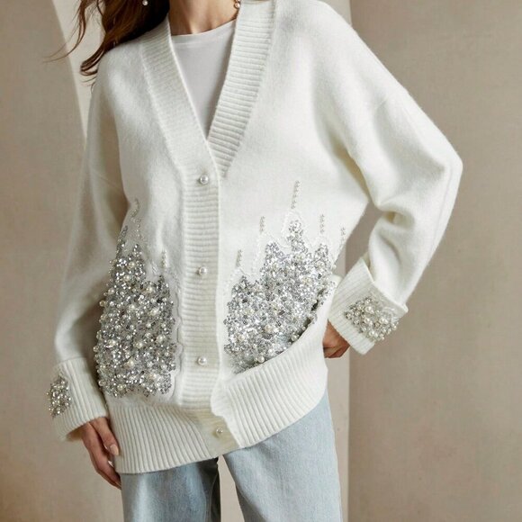 White Casual Women's Sequin & Faux Pearl Embellished Sweater Cardigan - Picture 1 of 6